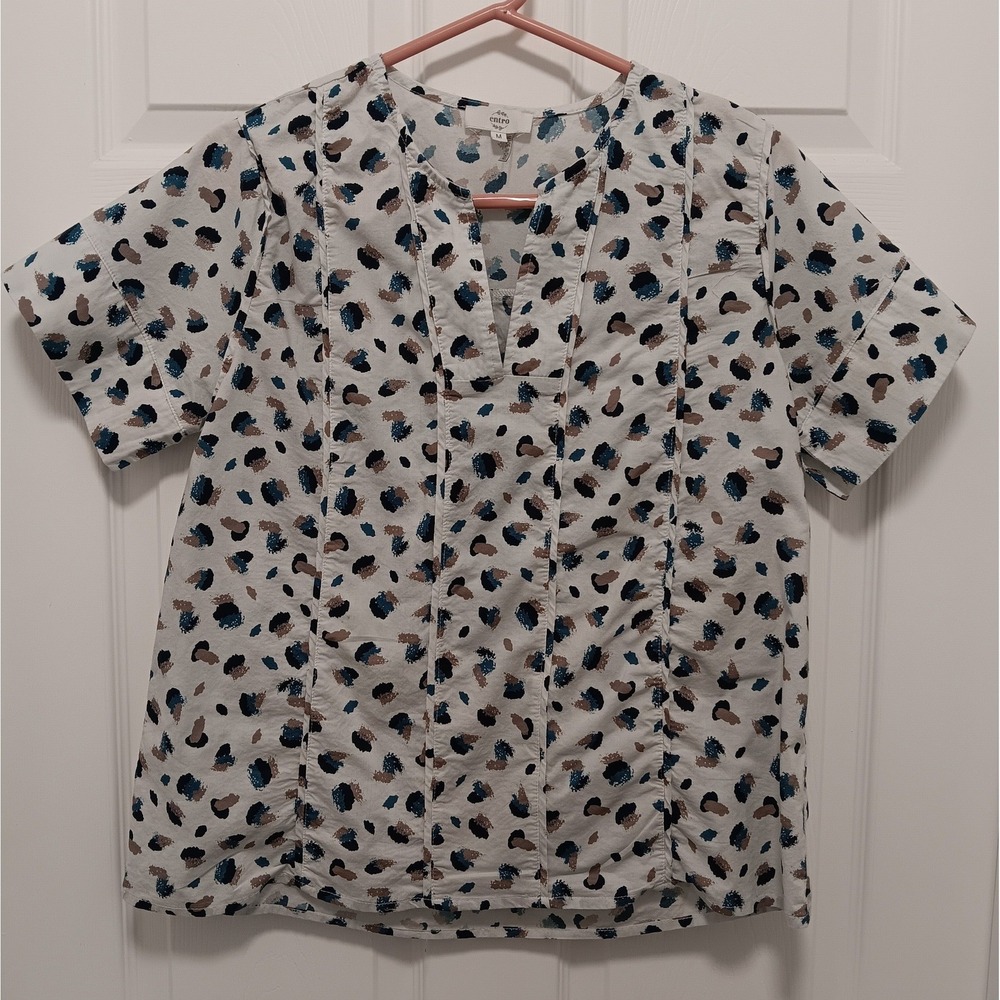Entro Womens Split V Neck Pintuck Short Sleeve Cotton Blouse White Blue M T26286